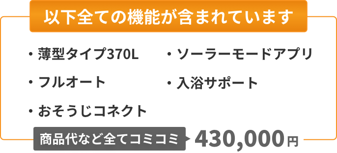 以下全ての機能が含まれています：薄型タイプ370L、フルオート、おそうじコネクト、ソーラーモードアプリ、入浴サポート。商品代など全てコミコミ425,000円。