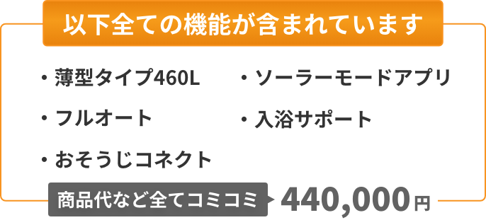 以下全ての機能が含まれています：薄型タイプ460L、フルオート、おそうじコネクト、ソーラーモードアプリ、入浴サポート。商品代など全てコミコミ454,000円。