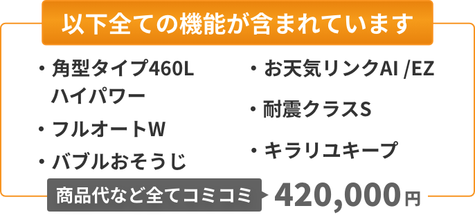 以下全ての機能が含まれています：角型タイプ460L（ハイパワー）、フルオートW、バブルおそうじ、お天気リンクAI/EZ、耐震クラスS、キラリユキープ。商品代など全てコミコミ425,000円。