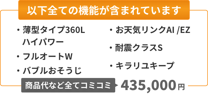 以下全ての機能が含まれています：角型タイプ360L（ハイパワー）、フルオートW、バブルおそうじ、お天気リンクAI/EZ、耐震クラスS、キラリユキープ。商品代など全てコミコミ435,000円。